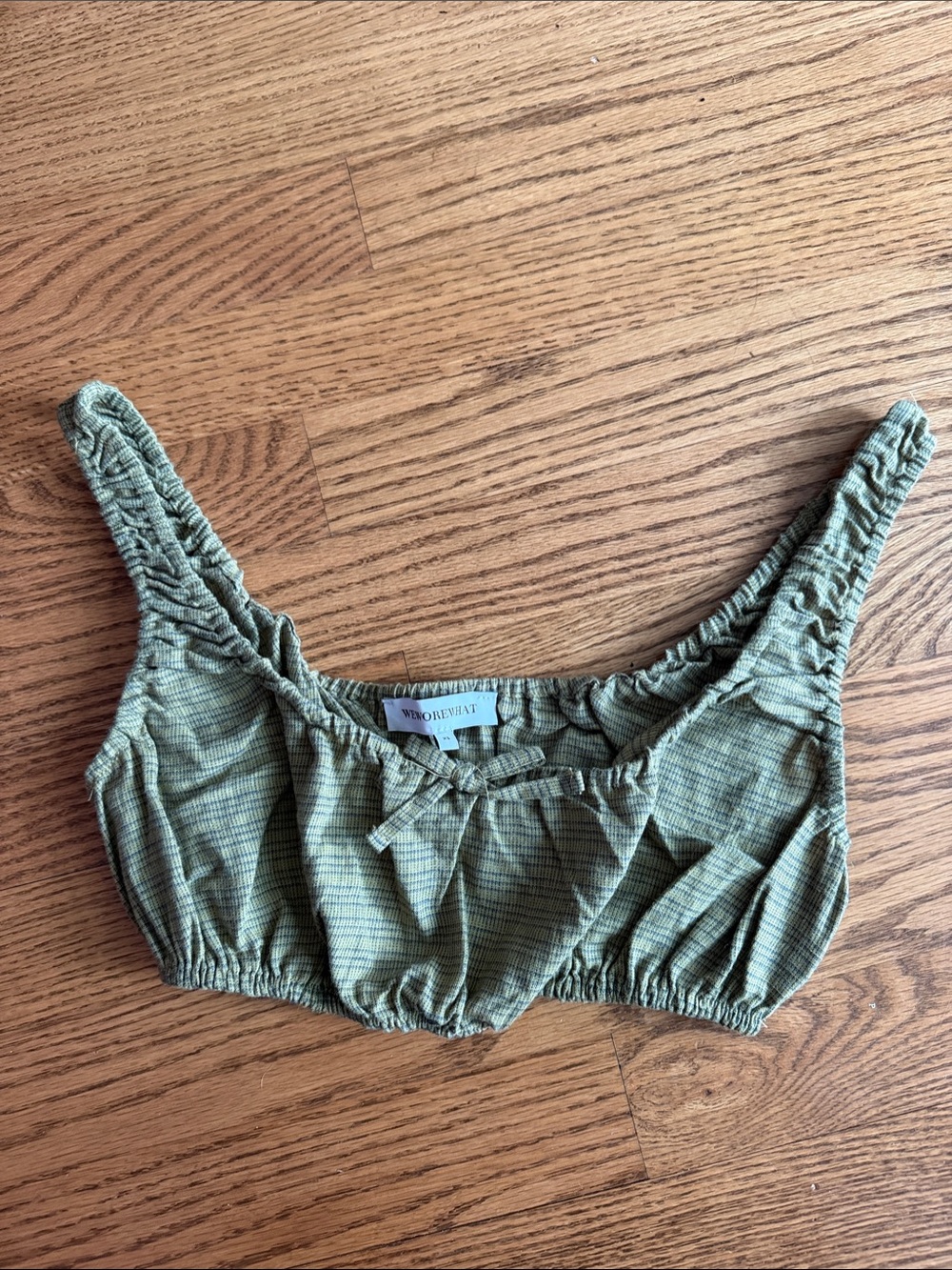 WeWoreWhat Olive Green Ruched Crop Top with Front Bow